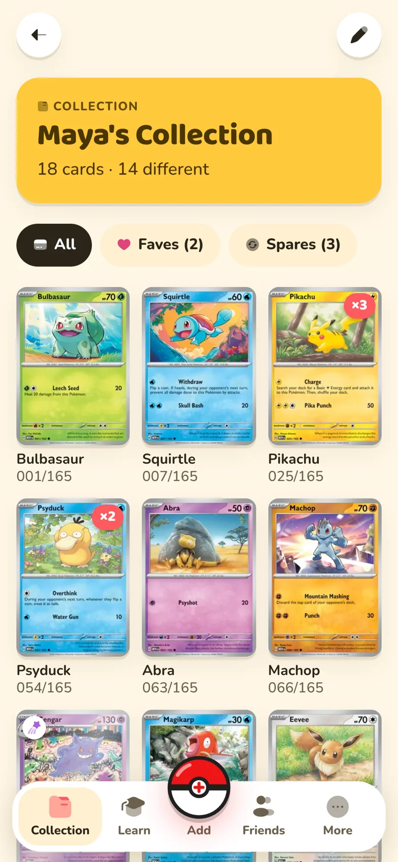 Maya's Collection binder, showing 18 cards with counts on the doubles