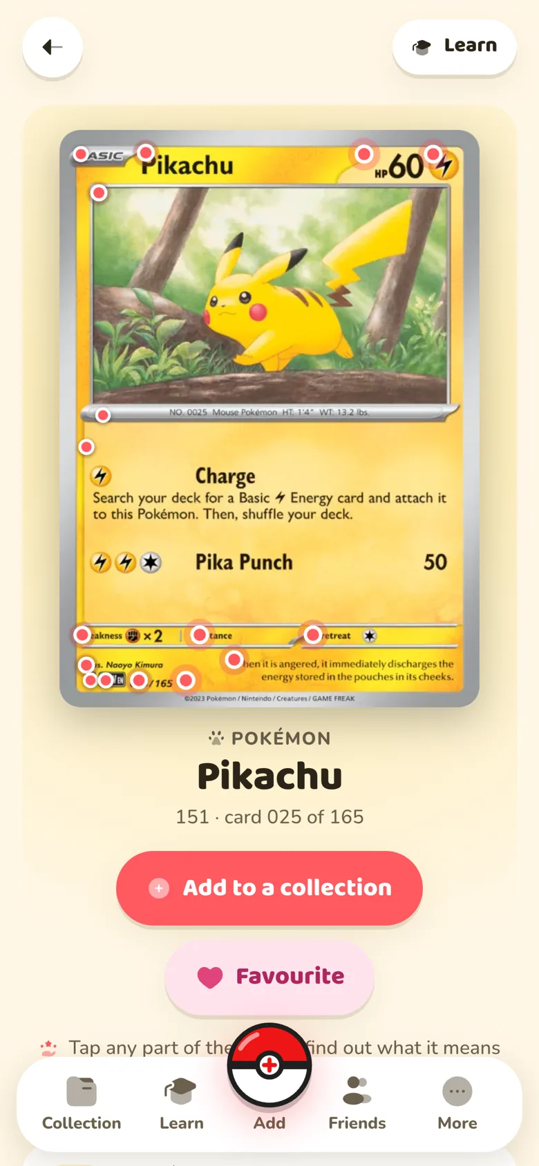 A Pikachu card in First cards, with buttons to add it to a collection or make it a favourite