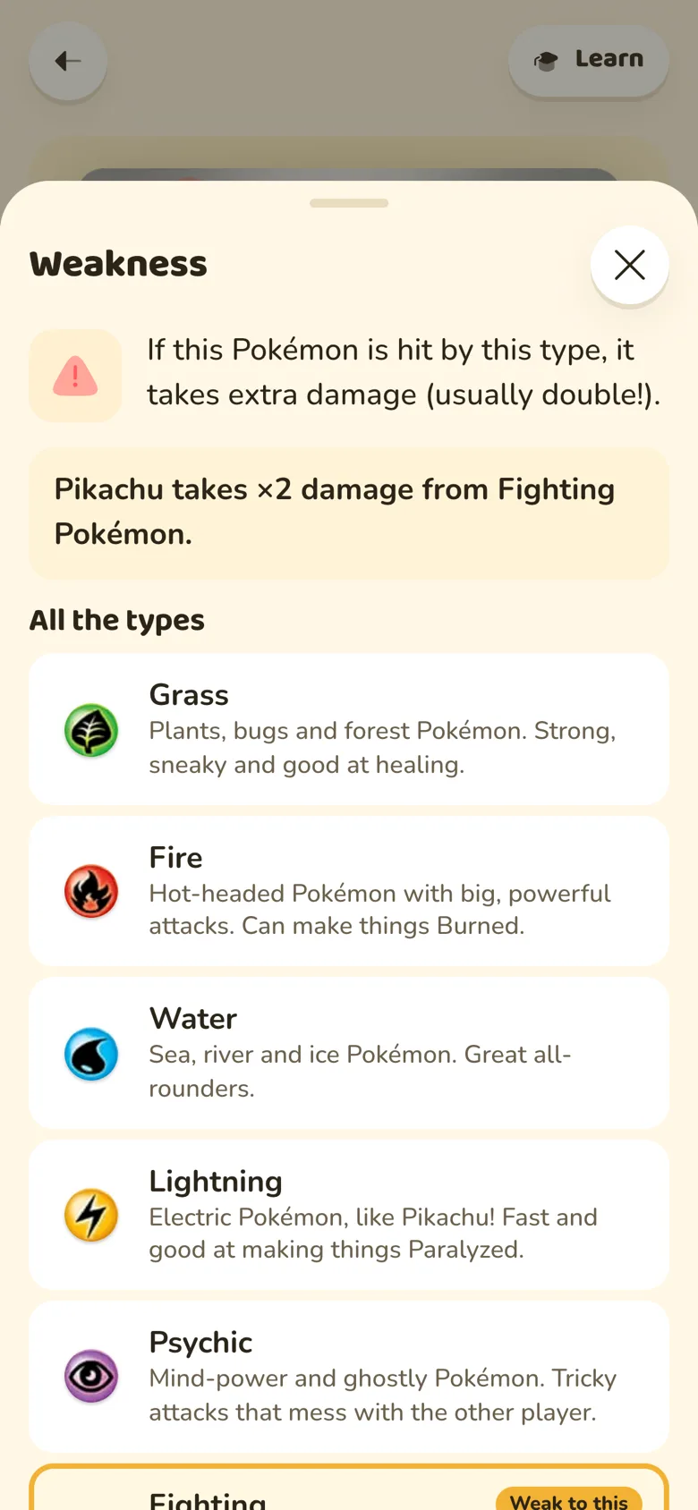 An explanation sheet: Pikachu takes double damage from Fighting Pokémon, with a list of all eleven types
