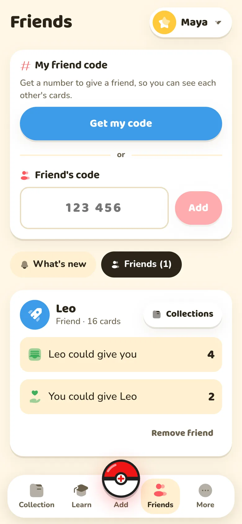 The Friends page with a friend code and trade suggestions for Leo