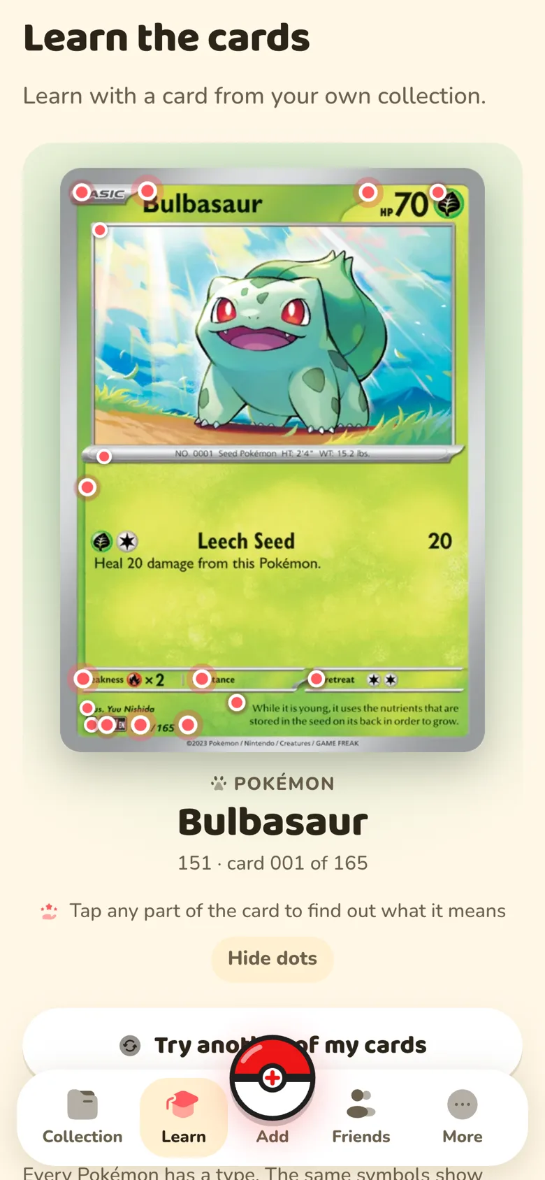 The Learn page, with tappable dots over every part of a Bulbasaur card